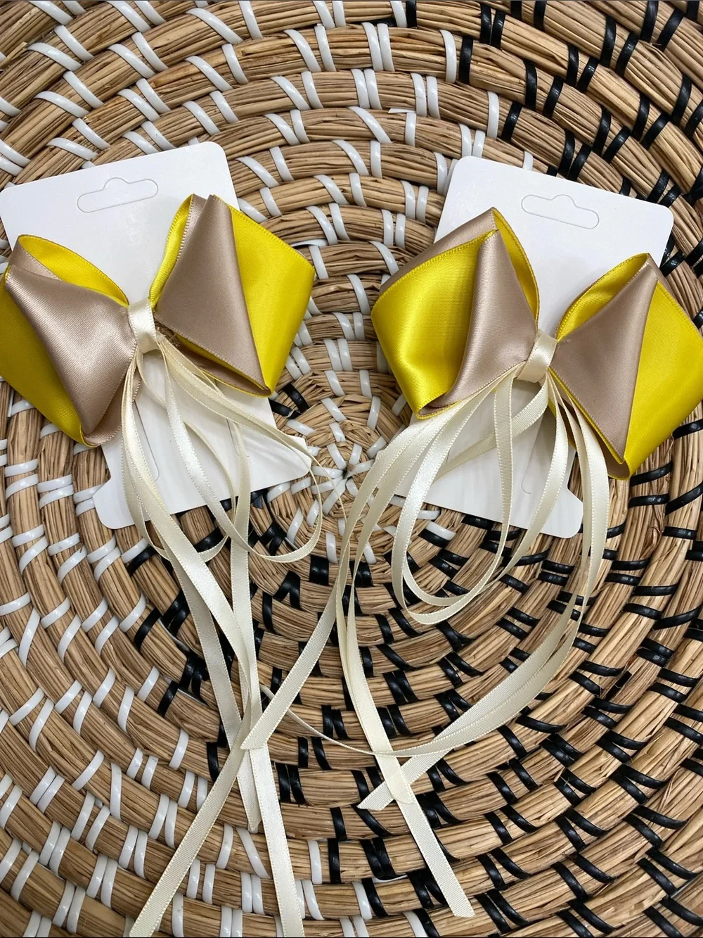 Yellow and Champagne Satin Bow Hair Clips with Cream Streamers